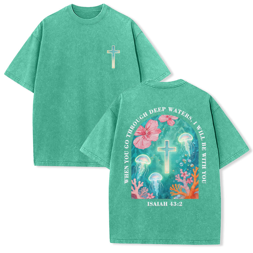 Christianartworkshop When You Go Through Deep Waters Underwater Jellyfish Hibiscus Coral Arch Back Print Small Gradient Cross Chest Vintage Washed Unisex T-Shirt - Green - 5XL - image 0