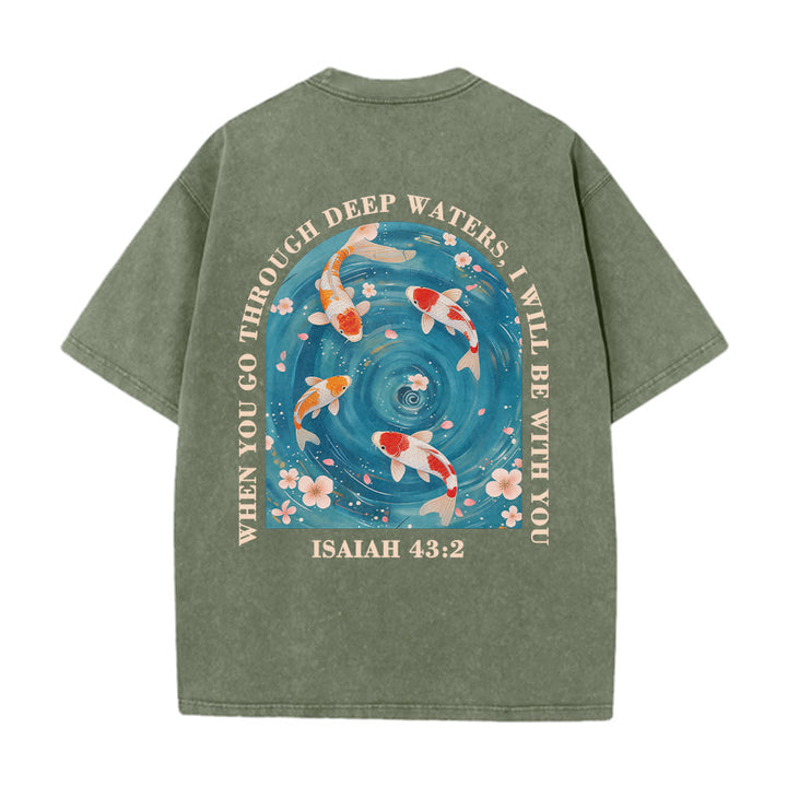 Christianartworkshop Curved Arch Wording Isaiah 43:2 Oriental Koi Floral Arrangement Dual Side Faith Washed Unisex T-Shirt - image 20
