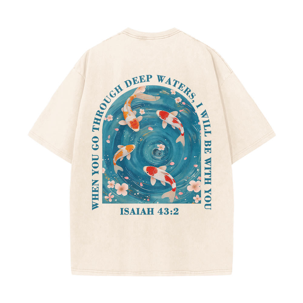 Christianartworkshop Curved Arch Wording Isaiah 43:2 Oriental Koi Floral Arrangement Dual Side Faith Washed Unisex T-Shirt - image 2