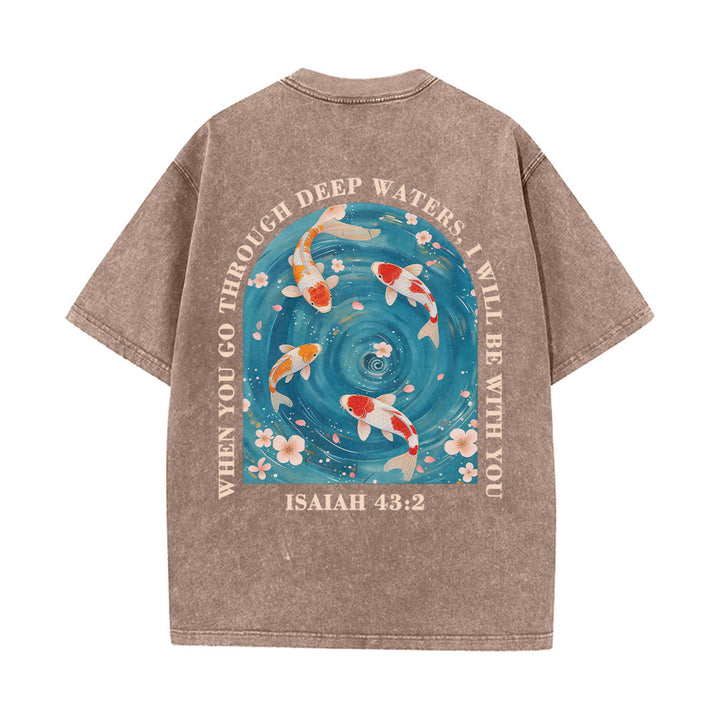 Christianartworkshop Curved Arch Wording Isaiah 43:2 Oriental Koi Floral Arrangement Dual Side Faith Washed Unisex T-Shirt - image 23