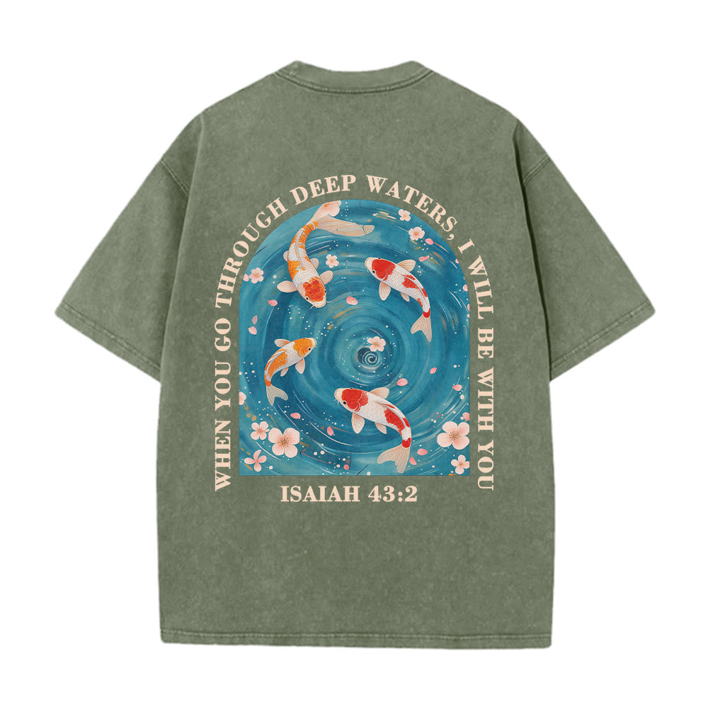 Christianartworkshop Curved Arch Wording Isaiah 43:2 Oriental Koi Floral Arrangement Dual Side Faith Washed Unisex T-Shirt - image 20