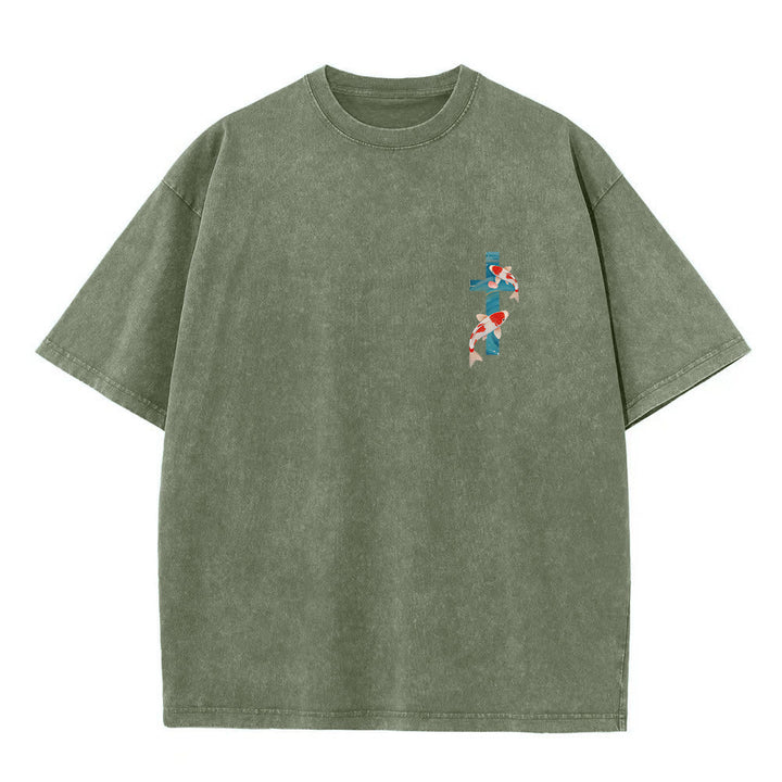 Christianartworkshop Curved Arch Wording Isaiah 43:2 Oriental Koi Floral Arrangement Dual Side Faith Washed Unisex T-Shirt - image 19