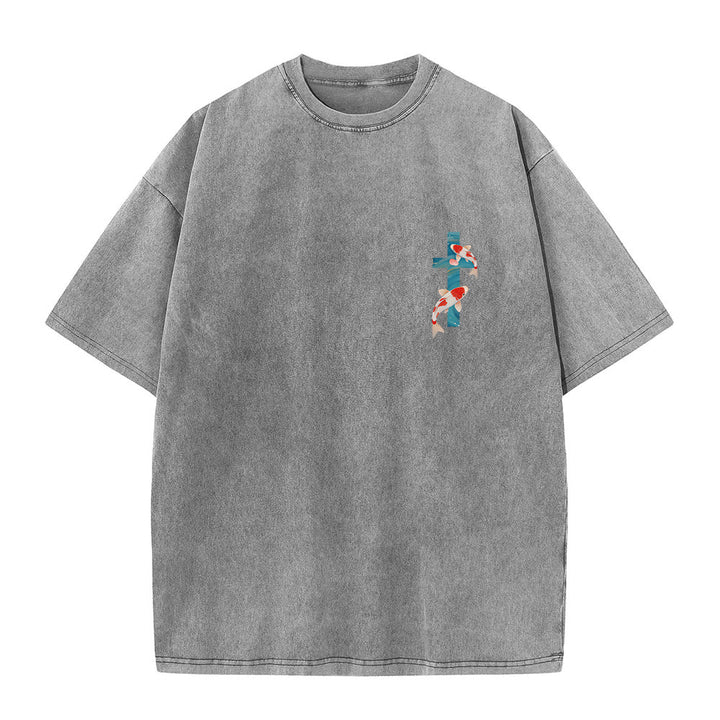 Christianartworkshop Curved Arch Wording Isaiah 43:2 Oriental Koi Floral Arrangement Dual Side Faith Washed Unisex T-Shirt - image 25