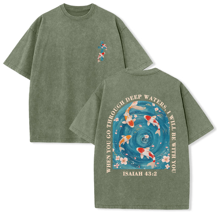 Christianartworkshop Curved Arch Wording Isaiah 43:2 Oriental Koi Floral Arrangement Dual Side Faith Washed Unisex T-Shirt - Army Green - 5XL - image 18
