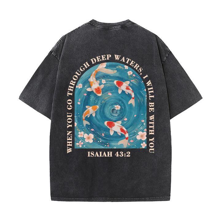 Christianartworkshop Curved Arch Wording Isaiah 43:2 Oriental Koi Floral Arrangement Dual Side Faith Washed Unisex T-Shirt - image 11