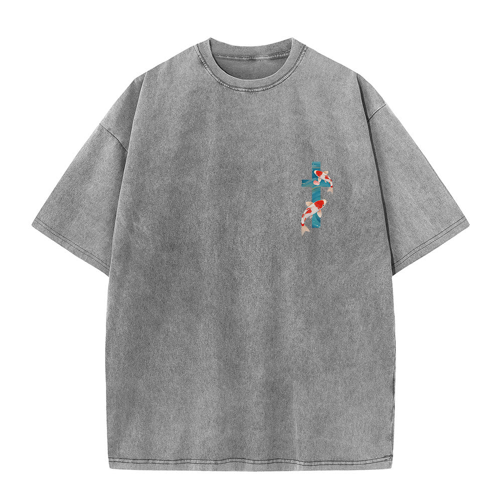 Christianartworkshop Curved Arch Wording Isaiah 43:2 Oriental Koi Floral Arrangement Dual Side Faith Washed Unisex T-Shirt - image 25