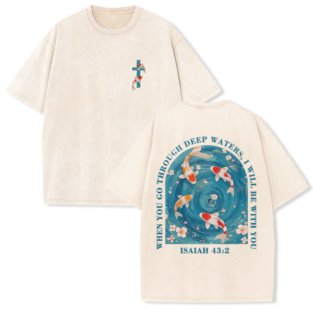 Christianartworkshop Curved Arch Wording Isaiah 43:2 Oriental Koi Floral Arrangement Dual Side Faith Washed Unisex T-Shirt - Beige - 5XL - image 0