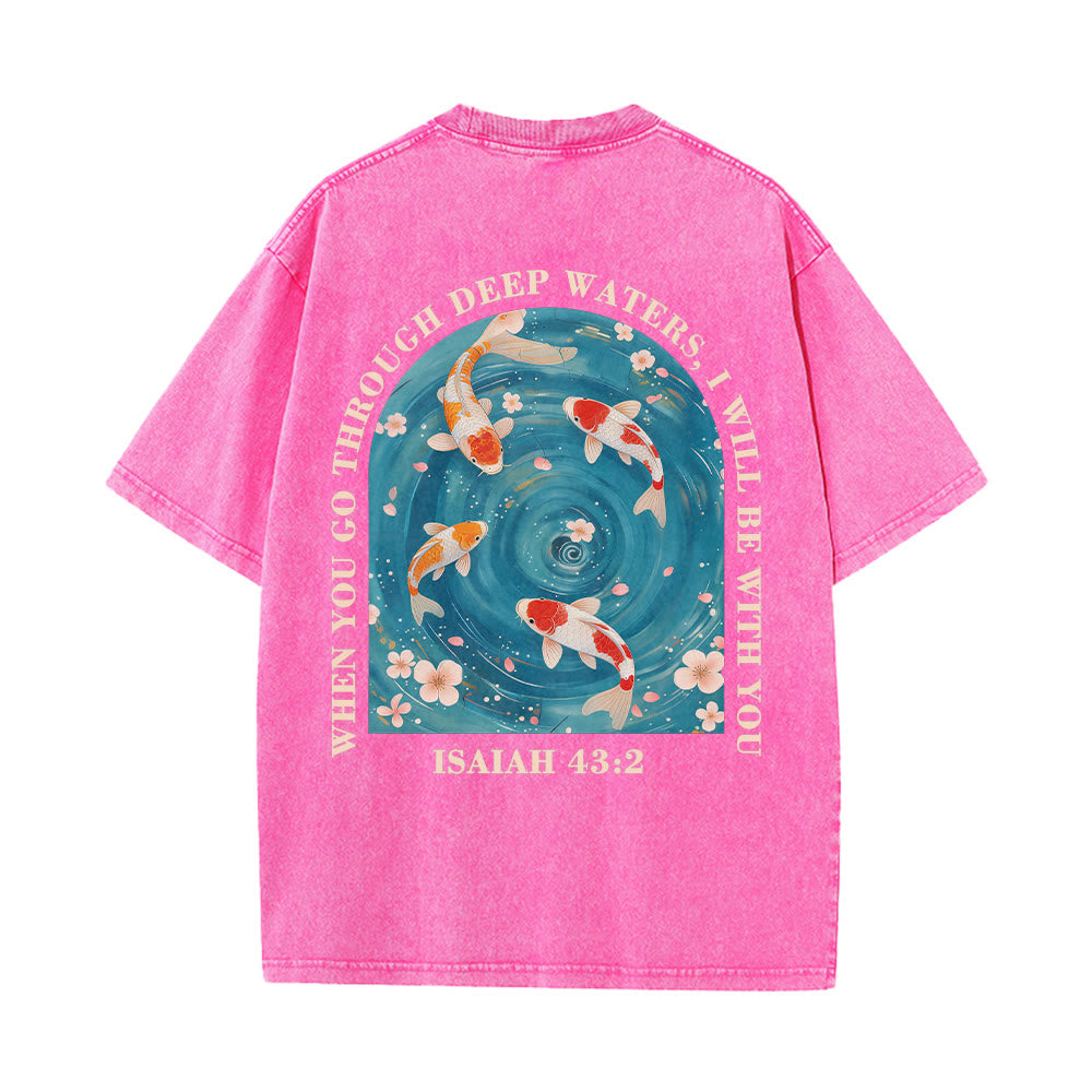 Christianartworkshop Curved Arch Wording Isaiah 43:2 Oriental Koi Floral Arrangement Dual Side Faith Washed Unisex T-Shirt - image 14