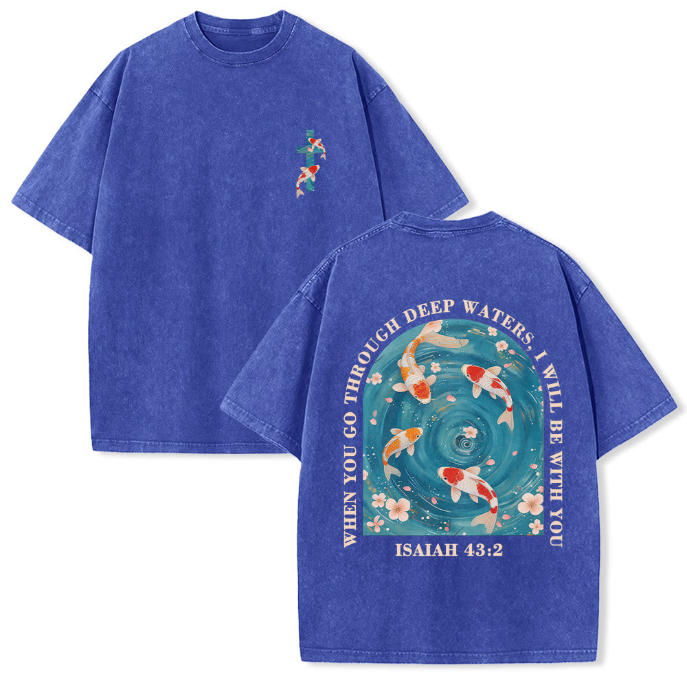 Christianartworkshop Curved Arch Wording Isaiah 43:2 Oriental Koi Floral Arrangement Dual Side Faith Washed Unisex T-Shirt - Blue - 5XL - image 15