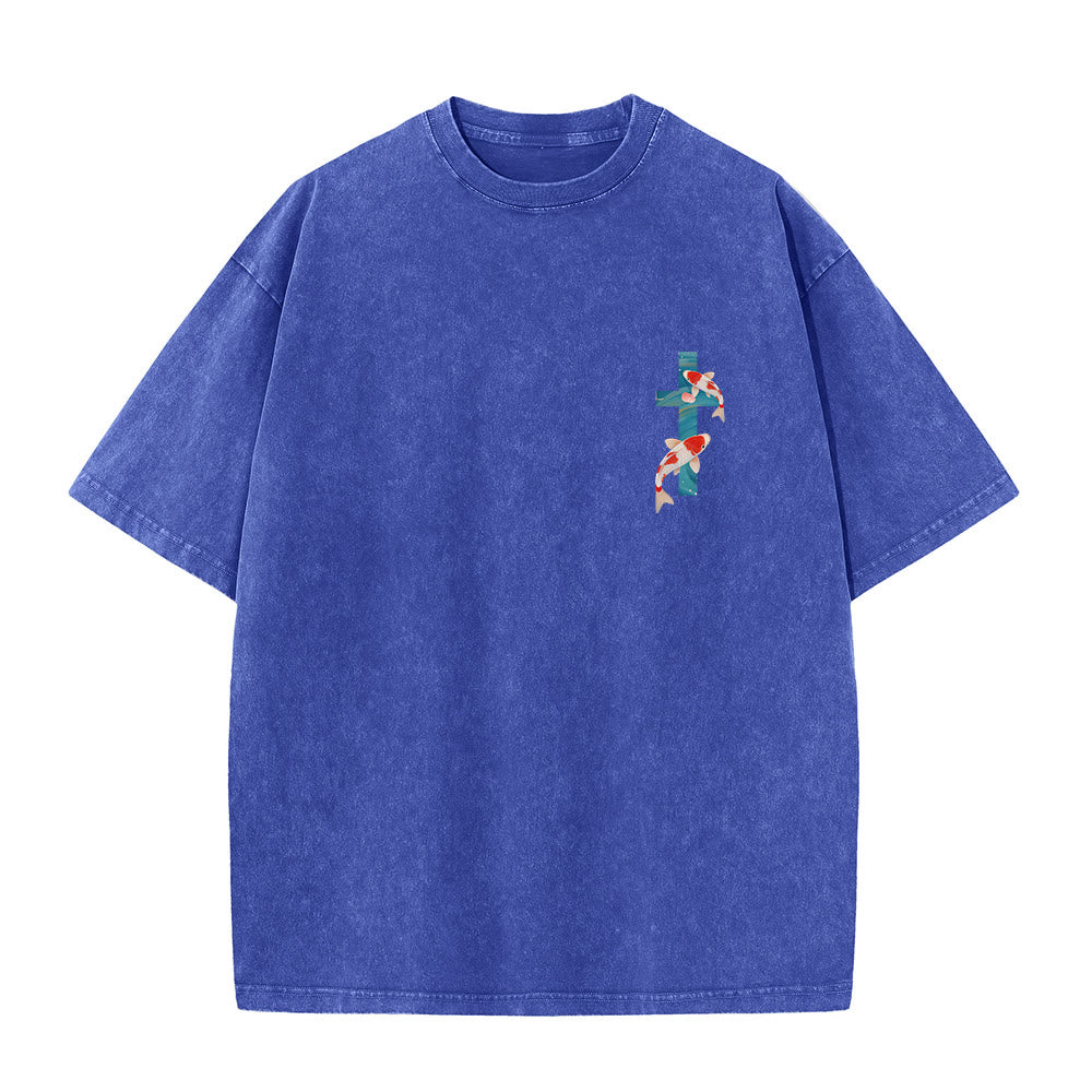 Christianartworkshop Curved Arch Wording Isaiah 43:2 Oriental Koi Floral Arrangement Dual Side Faith Washed Unisex T-Shirt - image 17