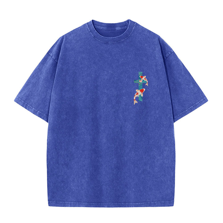 Christianartworkshop Curved Arch Wording Isaiah 43:2 Oriental Koi Floral Arrangement Dual Side Faith Washed Unisex T-Shirt - image 17