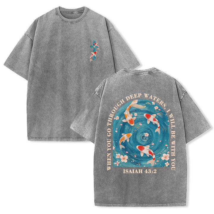 Christianartworkshop Curved Arch Wording Isaiah 43:2 Oriental Koi Floral Arrangement Dual Side Faith Washed Unisex T-Shirt - Grey - 5XL - image 24