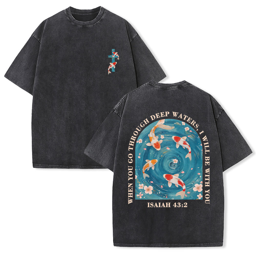Christianartworkshop Curved Arch Wording Isaiah 43:2 Oriental Koi Floral Arrangement Dual Side Faith Washed Unisex T-Shirt - Black - 5XL - image 9