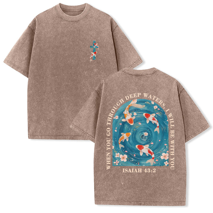 Christianartworkshop Curved Arch Wording Isaiah 43:2 Oriental Koi Floral Arrangement Dual Side Faith Washed Unisex T-Shirt - Brown - 5XL - image 21