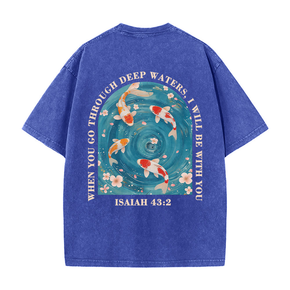 Christianartworkshop Curved Arch Wording Isaiah 43:2 Oriental Koi Floral Arrangement Dual Side Faith Washed Unisex T-Shirt - image 16