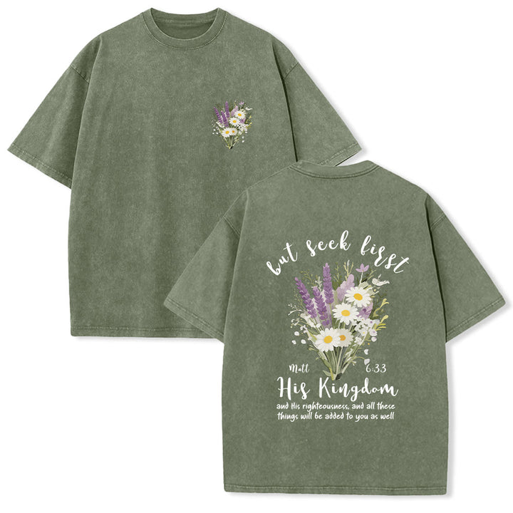Christianartworkshop Tiny Lavender Daisy Bouquet Large Back Floral Arrangement Inspirational Verse Washed T-Shirt - Army Green - 5XL - image 21
