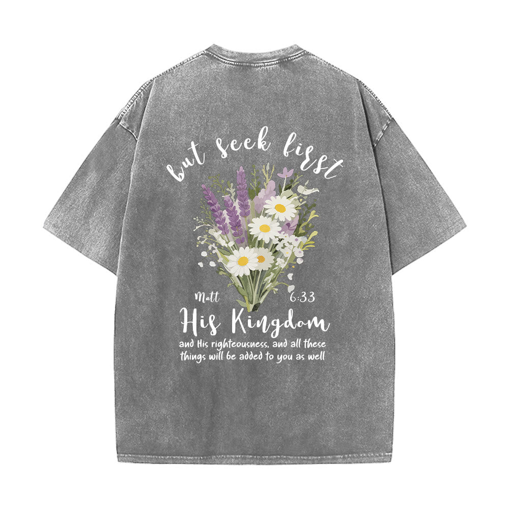 Christianartworkshop Tiny Lavender Daisy Bouquet Large Back Floral Arrangement Inspirational Verse Washed T-Shirt - image 26
