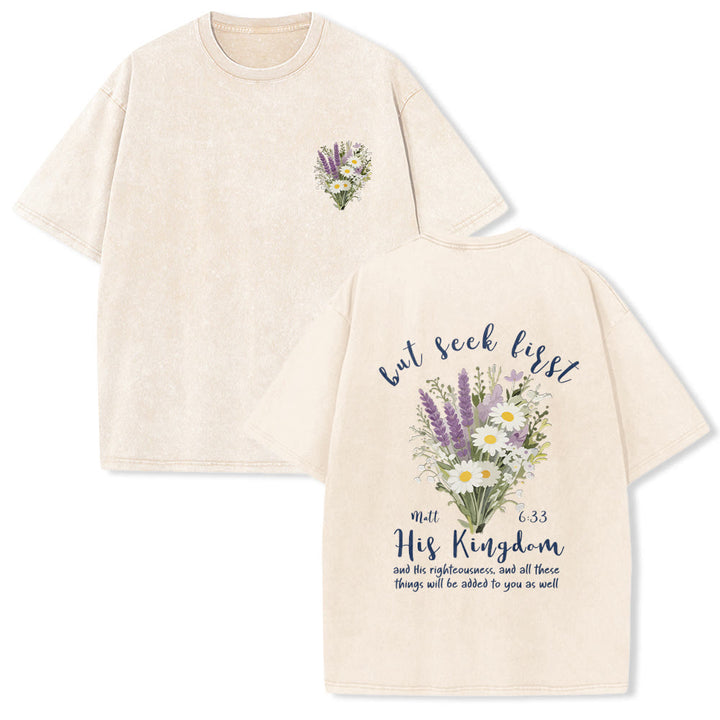Christianartworkshop Tiny Lavender Daisy Bouquet Large Back Floral Arrangement Inspirational Verse Washed T-Shirt - Beige - 5XL - image 3