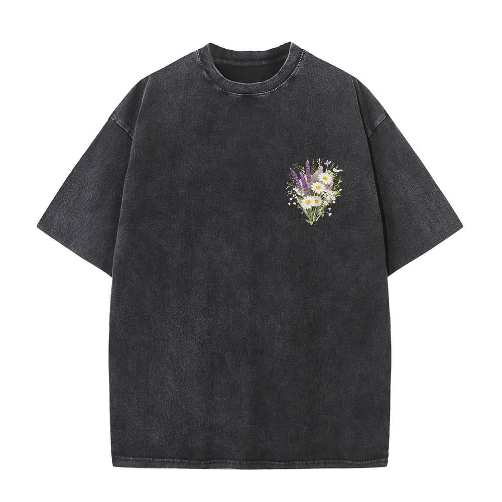 Christianartworkshop Tiny Lavender Daisy Bouquet Large Back Floral Arrangement Inspirational Verse Washed T-Shirt - image 13