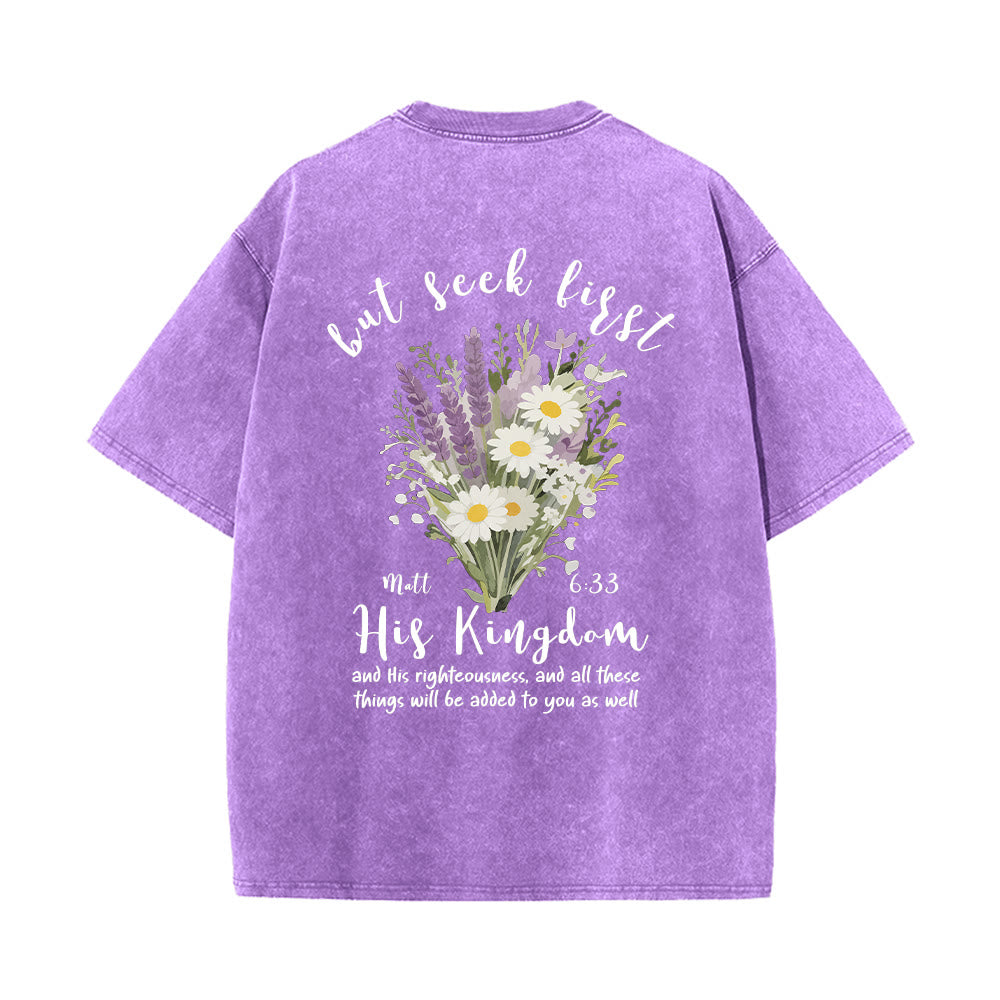 Christianartworkshop Tiny Lavender Daisy Bouquet Large Back Floral Arrangement Inspirational Verse Washed T-Shirt - image 11