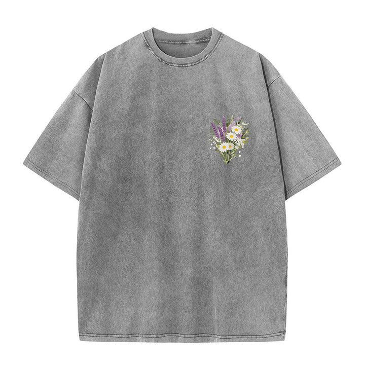 Christianartworkshop Tiny Lavender Daisy Bouquet Large Back Floral Arrangement Inspirational Verse Washed T-Shirt - image 25