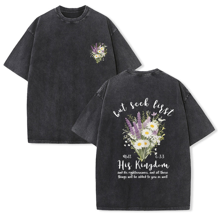 Christianartworkshop Tiny Lavender Daisy Bouquet Large Back Floral Arrangement Inspirational Verse Washed T-Shirt - Black - 5XL - image 12