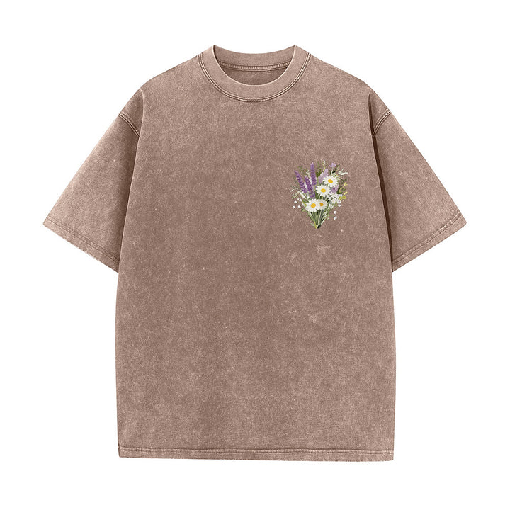 Christianartworkshop Tiny Lavender Daisy Bouquet Large Back Floral Arrangement Inspirational Verse Washed T-Shirt - image 1