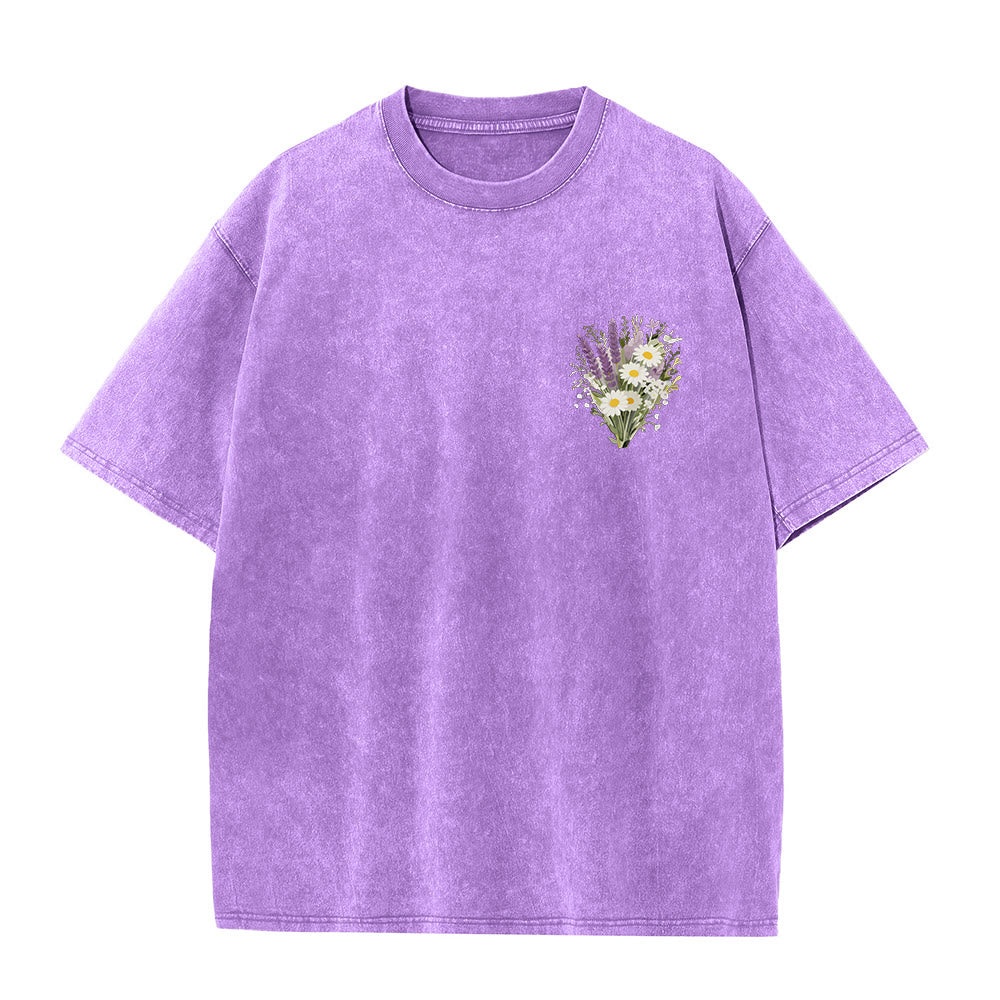 Christianartworkshop Tiny Lavender Daisy Bouquet Large Back Floral Arrangement Inspirational Verse Washed T-Shirt - image 10
