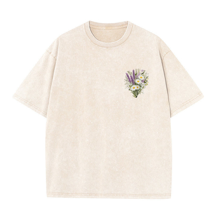 Christianartworkshop Tiny Lavender Daisy Bouquet Large Back Floral Arrangement Inspirational Verse Washed T-Shirt - image 4
