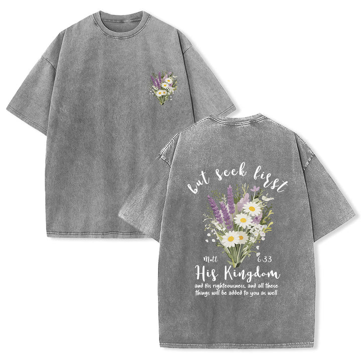 Christianartworkshop Tiny Lavender Daisy Bouquet Large Back Floral Arrangement Inspirational Verse Washed T-Shirt - Grey - 5XL - image 24