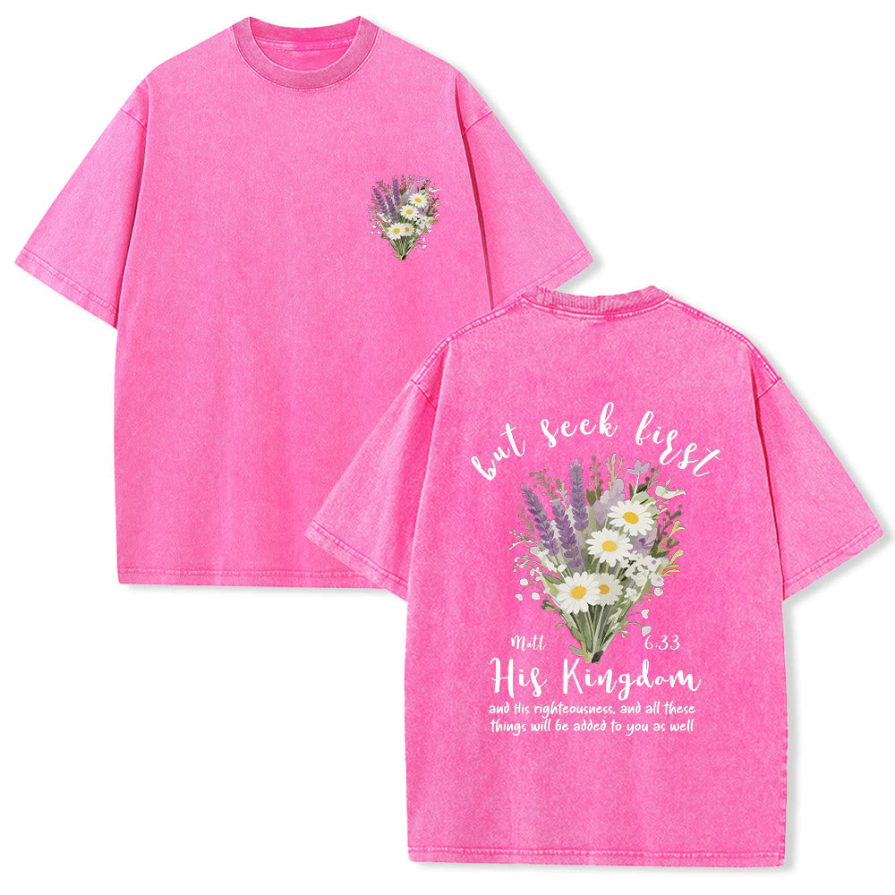 Christianartworkshop Tiny Lavender Daisy Bouquet Large Back Floral Arrangement Inspirational Verse Washed T-Shirt - Pink - 5XL - image 15