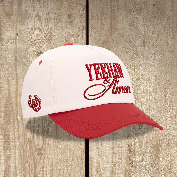 Christianartworkshop Western Style Bold Block & Cursive Script Front Embroidery Horseshoe Accent Adjustable Baseball Cap - Red - image 3