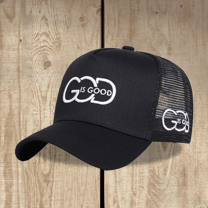 Christianartworkshop Minimal Linked Monogram God Is Good Dual Side Embroidery Curved Brim Mesh Back Trucker Cap - Black - image 1