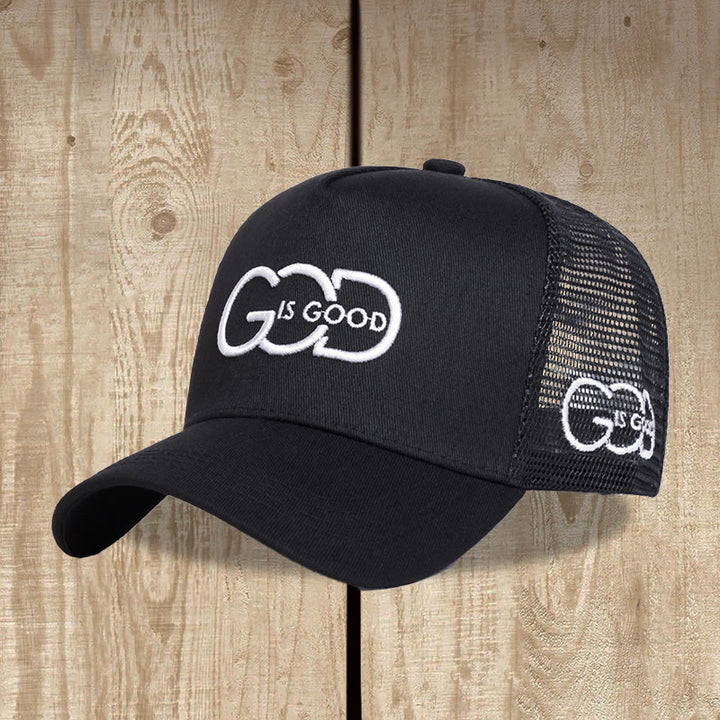 Christianartworkshop Minimal Linked Monogram God Is Good Dual Side Embroidery Curved Brim Mesh Back Trucker Cap - Black - image 1