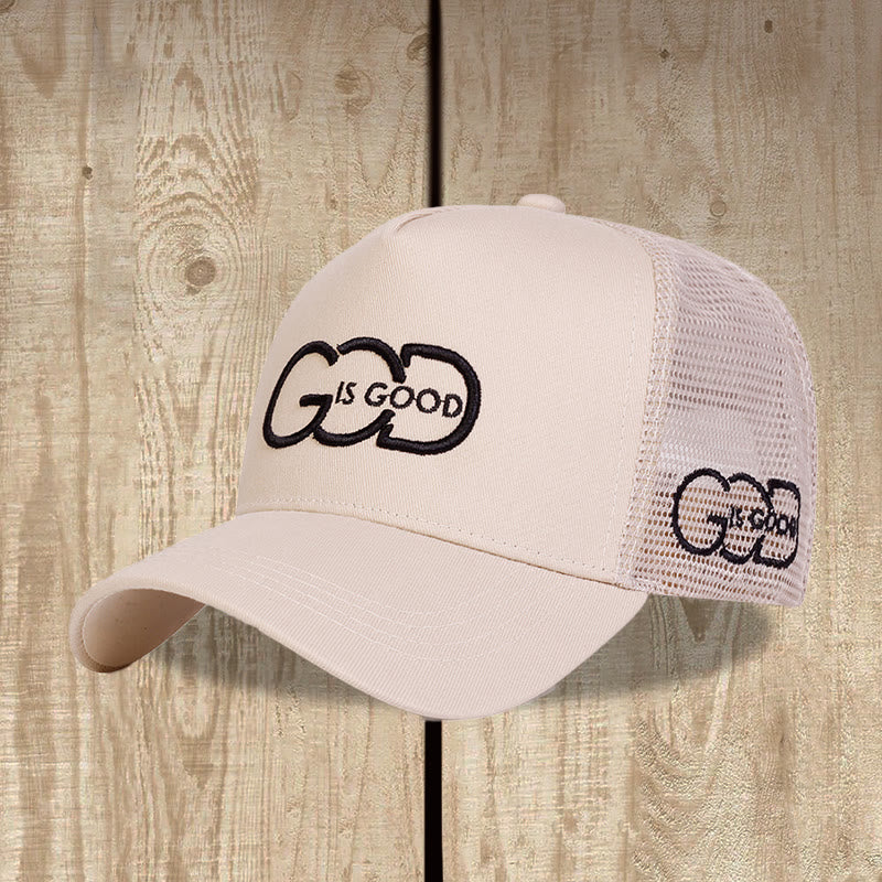 Christianartworkshop Minimal Linked Monogram God Is Good Dual Side Embroidery Curved Brim Mesh Back Trucker Cap - Beige - image 0