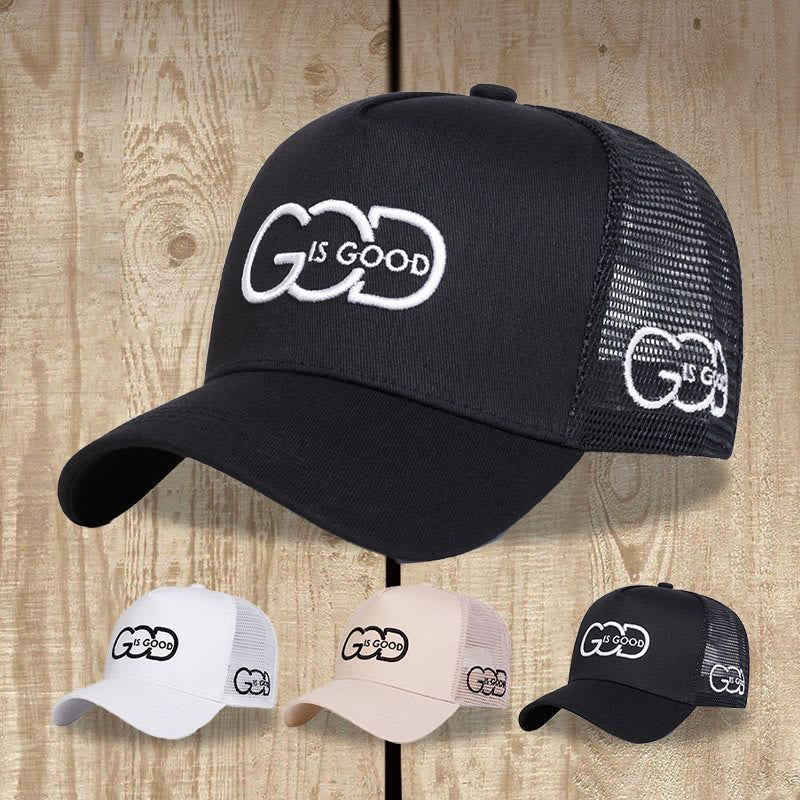 Christianartworkshop Minimal Linked Monogram God Is Good Dual Side Embroidery Curved Brim Mesh Back Trucker Cap - image 2