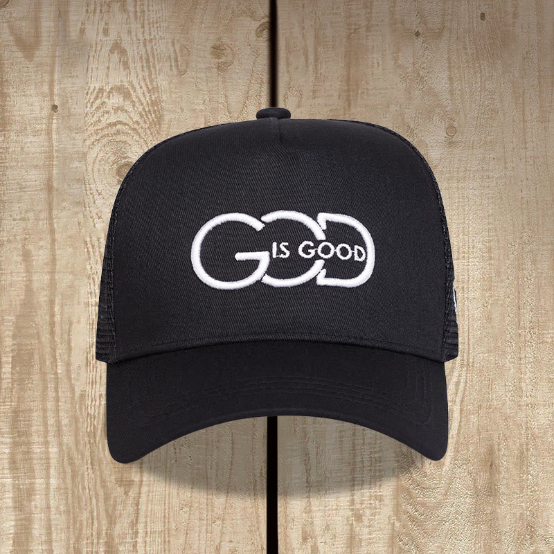 Christianartworkshop Minimal Linked Monogram God Is Good Dual Side Embroidery Curved Brim Mesh Back Trucker Cap - image 3