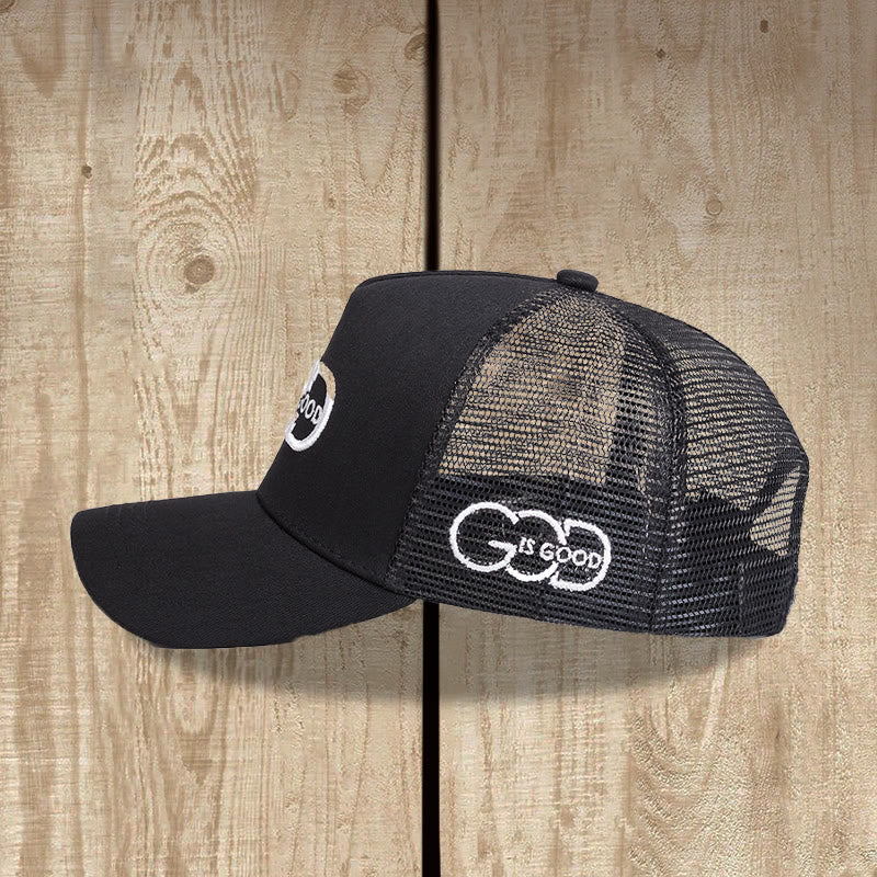 Christianartworkshop Minimal Linked Monogram God Is Good Dual Side Embroidery Curved Brim Mesh Back Trucker Cap - image 4
