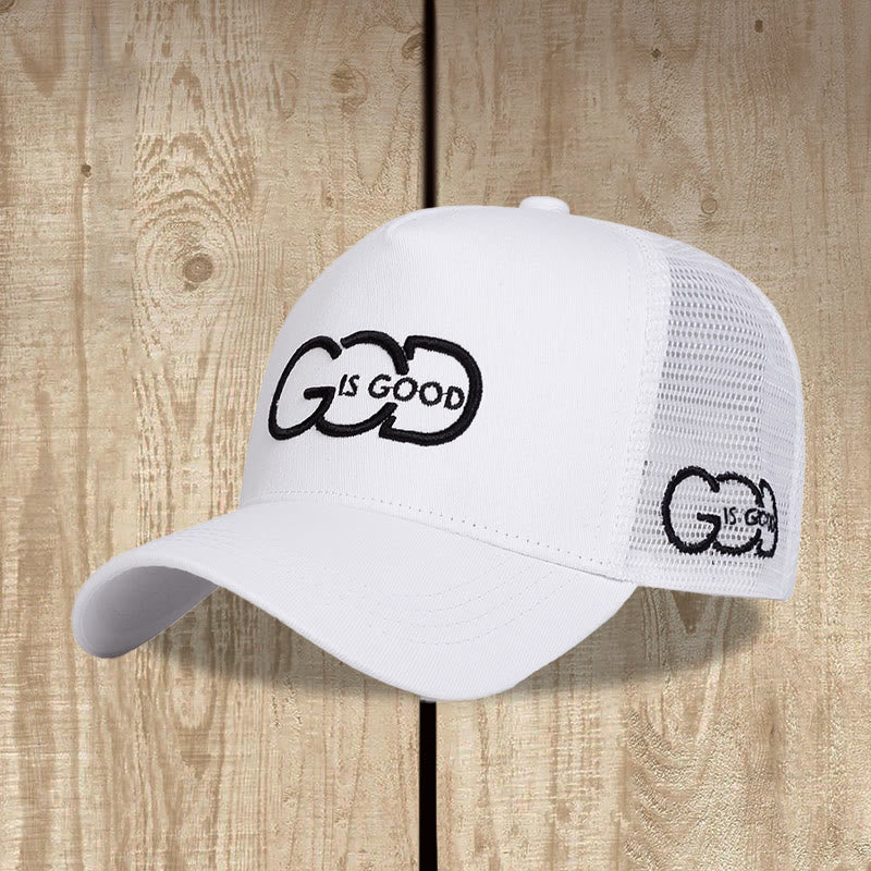 Christianartworkshop Minimal Linked Monogram God Is Good Dual Side Embroidery Curved Brim Mesh Back Trucker Cap - White - image 5