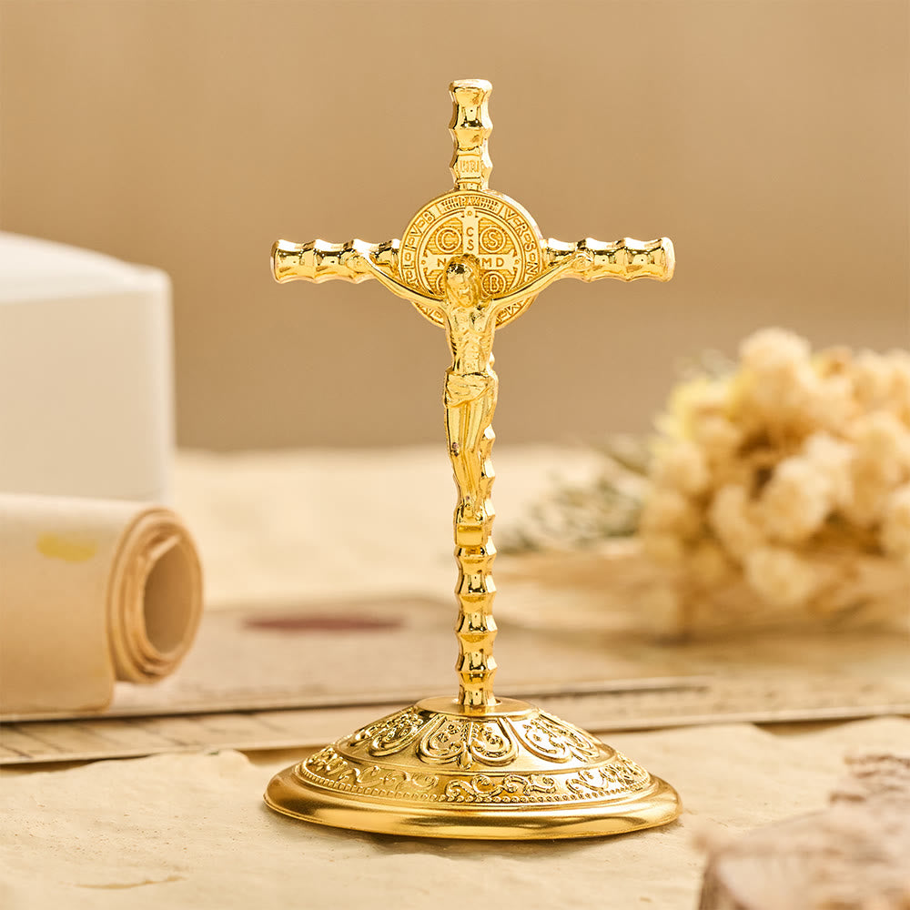 FREE Today: St. Benedict INRI Crucifix Desktop Ornament: A Daily Symbol of Sacred Protection and Redemption - Golden - image 2