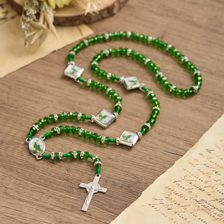 FREE Today: Emerald Transparent Round Bead Rosary With St. Patrick Saint Portrait Plaques & INRI Crucifix - image 2