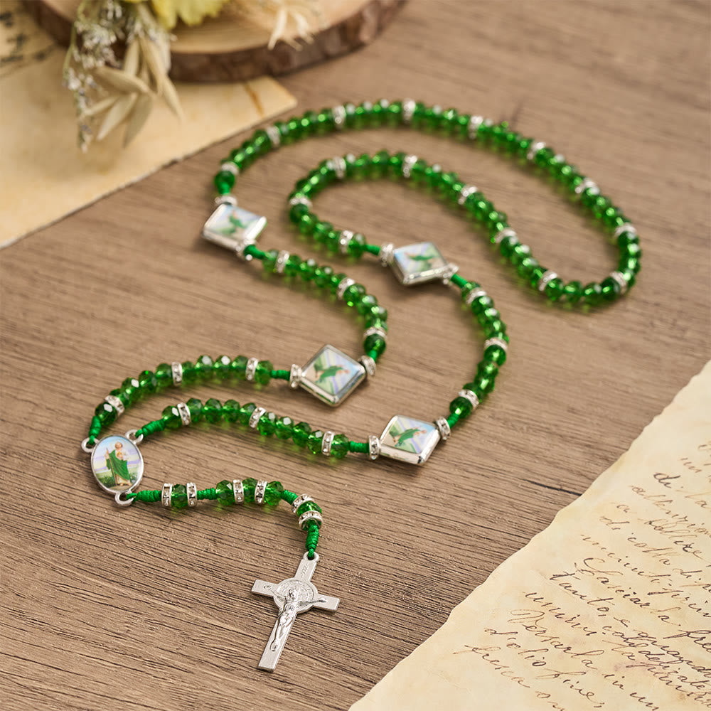 Christianartworkshop Emerald Transparent Round Bead Rosary With St. Patrick Saint Portrait Plaques & INRI Crucifix - image 2