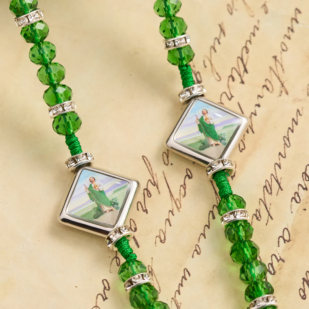 Christianartworkshop Emerald Transparent Round Bead Rosary With St. Patrick Saint Portrait Plaques & INRI Crucifix - image 5
