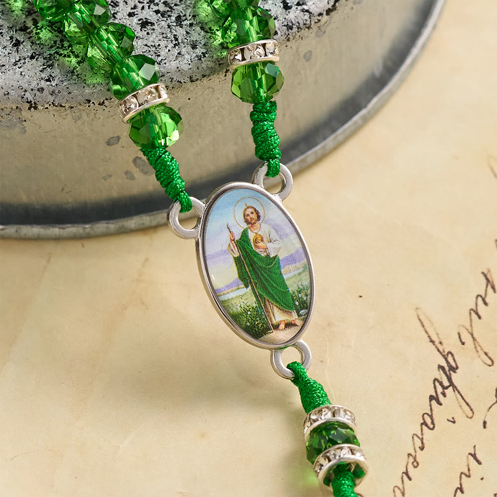 FREE Today: Emerald Transparent Round Bead Rosary With St. Patrick Saint Portrait Plaques & INRI Crucifix - image 3