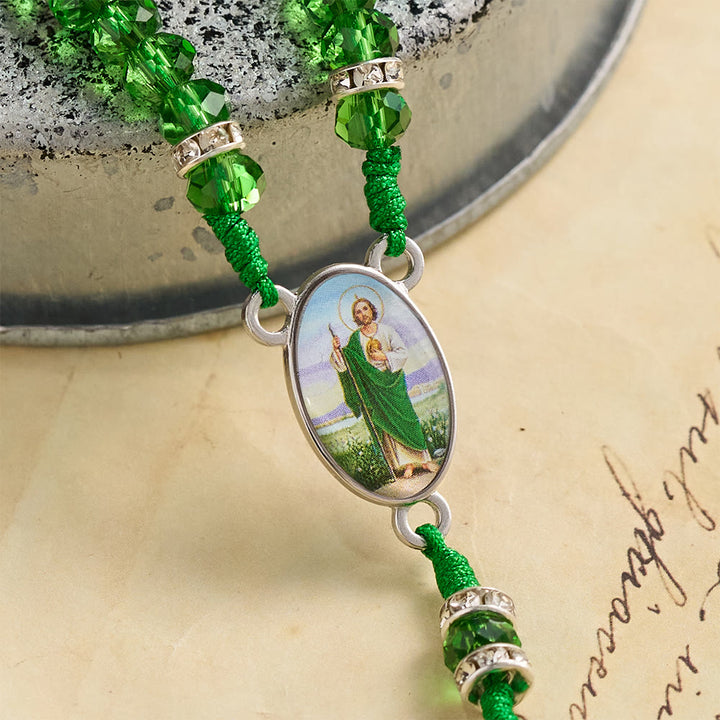 FREE Today: Emerald Transparent Round Bead Rosary With St. Patrick Saint Portrait Plaques & INRI Crucifix - image 3