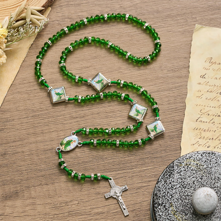 Christianartworkshop Emerald Transparent Round Bead Rosary With St. Patrick Saint Portrait Plaques & INRI Crucifix - St. Patrick & Crucifix - image 0