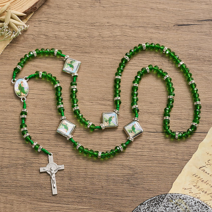 FREE Today: Emerald Transparent Round Bead Rosary With St. Patrick Saint Portrait Plaques & INRI Crucifix - image 1