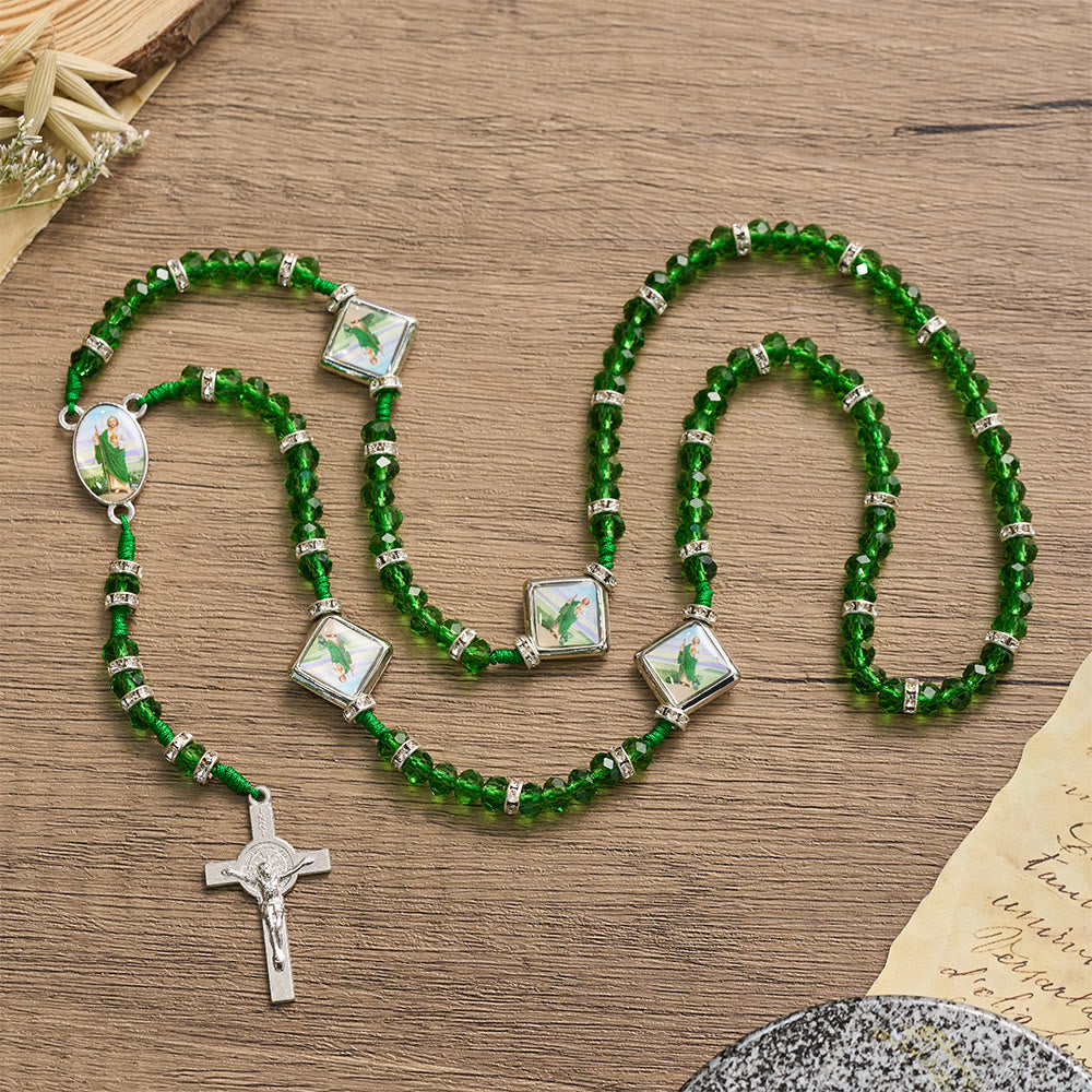 Christianartworkshop Emerald Transparent Round Bead Rosary With St. Patrick Saint Portrait Plaques & INRI Crucifix - image 1