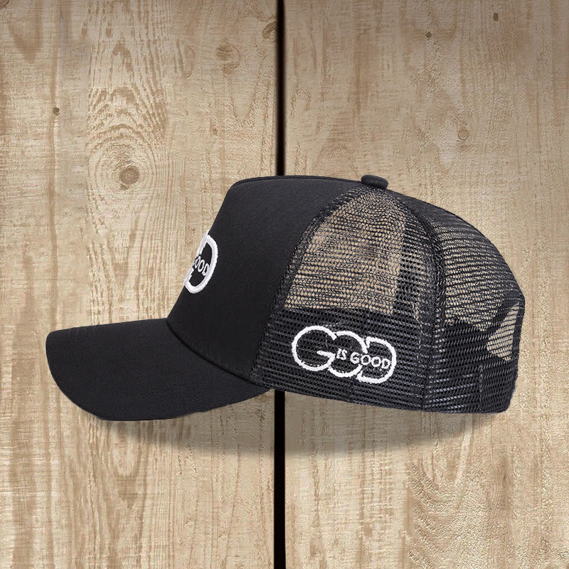 Christianartworkshop Minimal Linked Monogram God Is Good Dual Side Embroidery Curved Brim Mesh Back Trucker Cap - image 4