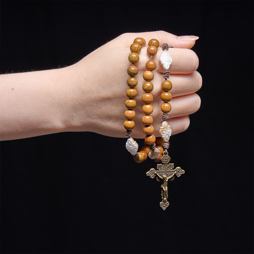 Christianartworkshop Natural Green Sandalwood Bead Cord Rosary With St.Benedict Medal Floral Frame Crucifix - image 1